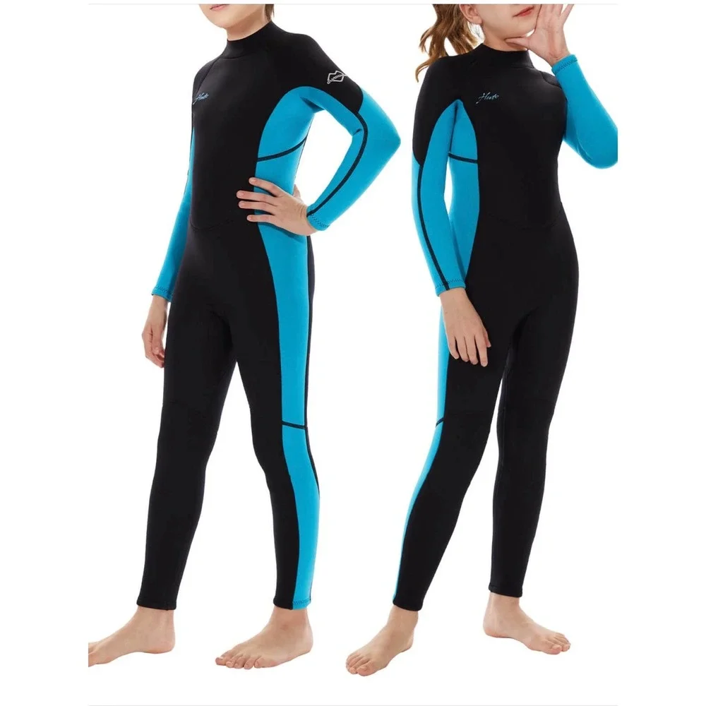 Hevto Wetsuit Kids Size 7 Black Blue Excellent 3mm Neoprene Full Body Back Zip